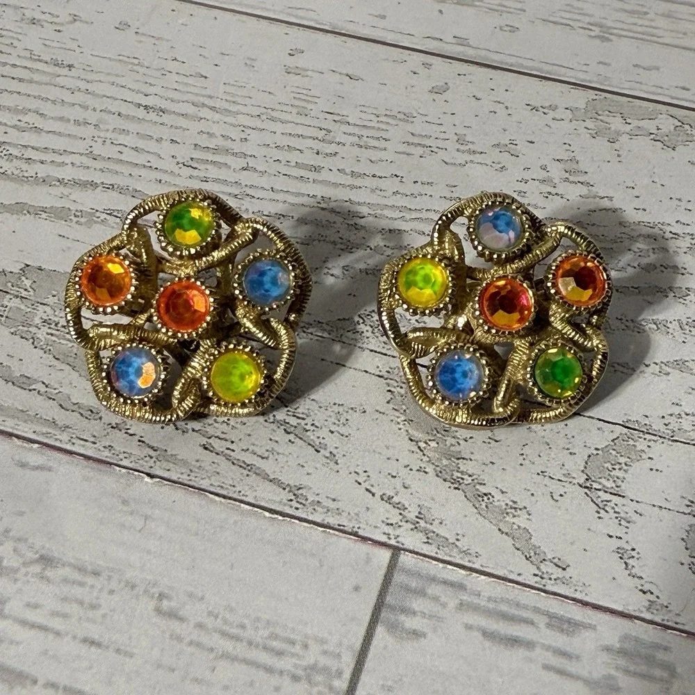 VTG SARAH COVENTRY Moon Lite Iridescent Rhinestone Brooch & Earrings Set UV Glow